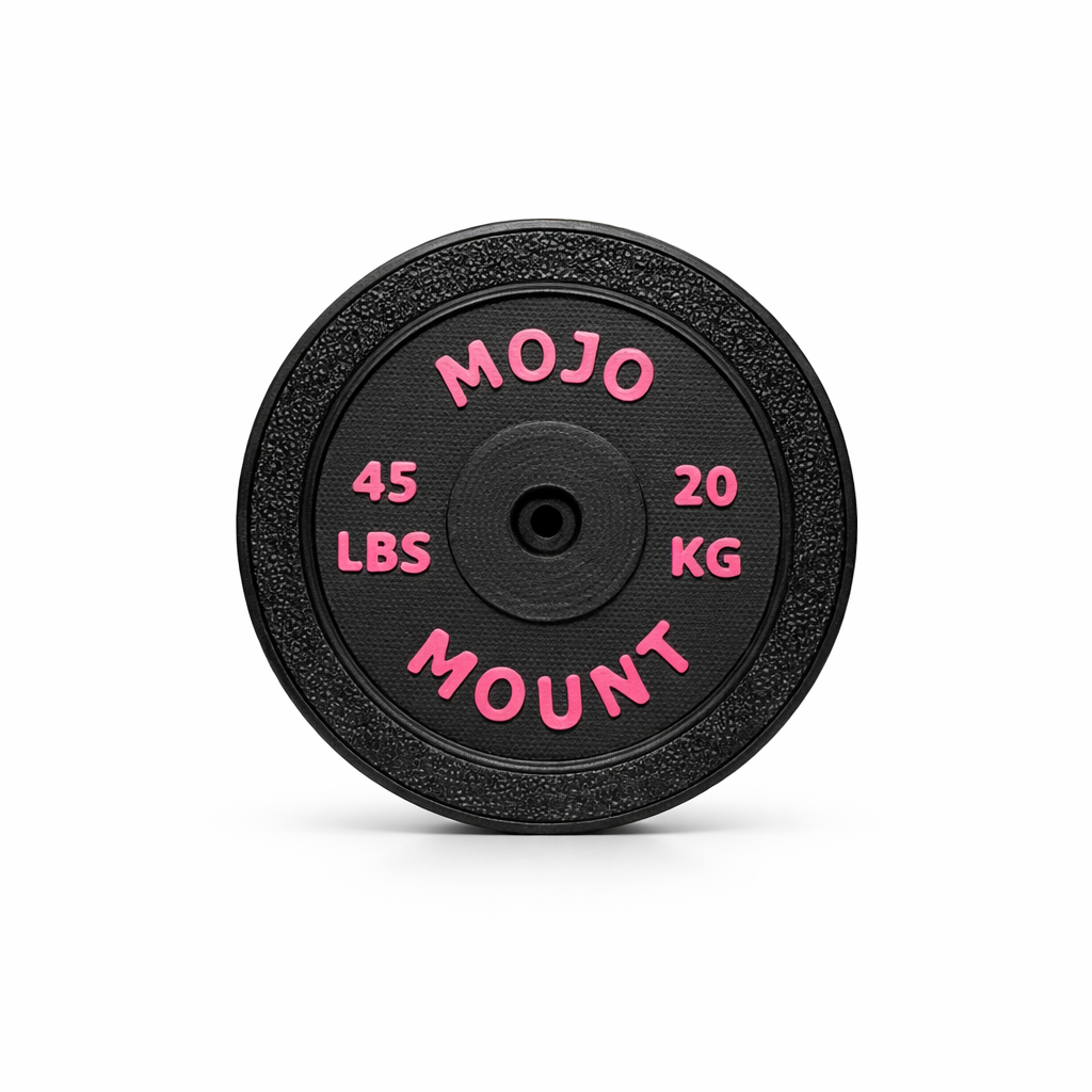 Black MOJO Mount magnetic phone mount with pink text displaying weight measurement on a white background